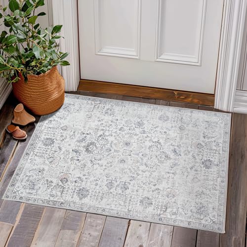 TOPICK Teppich Fußmatte 60x90cm Kurzflor Türmatte Vintage Innenbereich Faltbar Dünner Waschbar Retro Distressed Teppich Grau Multi Blumen Print Land Boho Teppich rutschfeste Küche Schlafzimmer von TOPICK