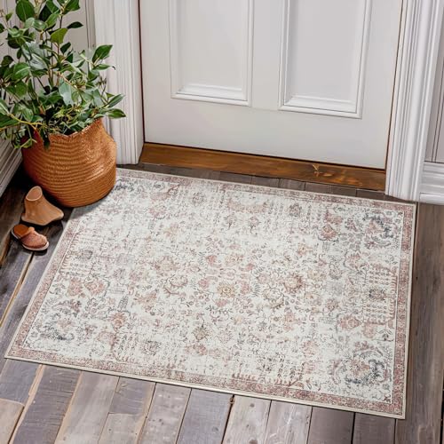 TOPICK Teppich Fußmatte 60x90cm Kurzflor Türmatte Vintage Innenbereich Faltbar Dünner Waschbar Retro Distressed Teppich Rot Multi Blumen Print Land Boho Teppich rutschfeste Küche Schlafzimmer von TOPICK