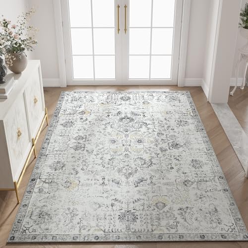TOPICK Teppich Fußmatte Waschbar Fussmatte Innen Außen Kurzflor Retro Grau Blume Orientalischer Teppich Antibakterieller Faltbar rutschfest Dünn Türmatte für Eingangs Küche Flur Schlafzimmer 90x150cm von TOPICK