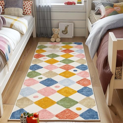 TOPICK Teppich Fußmatte Waschbar Fussmatte Innen Außen Kurzflor Weich Modern Rauten Teppich 90x150cm Geometrischer Antibakterieller Faltbar rutschfest Türmatte für Eingangs Küche Kinderzimmer Bunt von TOPICK