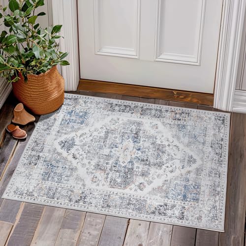 TOPICK Fußmatte Waschbar Grau Floral Vintage Fussmatte Innen Außen Orientalischer Dünner Faltbar Teppich Schmutzfangmatte für Haustür, Eingangs, Patio, Flur 60x90cm von TOPICK