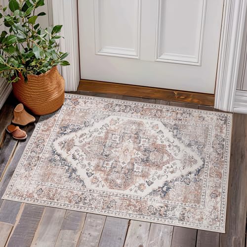 TOPICK Fußmatte Waschbar Hellrot Floral Vintage Fussmatte Innen Außen Orientalischer Dünner Faltbar Teppich Schmutzfangmatte für Haustür, Eingangs, Patio, Flur 60x90cm von TOPICK