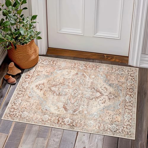 TOPICK Fußmatte Waschbar Ziegelrot Floral Vintage Fussmatte Innen Außen Orientalischer Dünner Faltbar Teppich Schmutzfangmatte für Haustür, Eingangs, Patio, Flur 60x90cm von TOPICK