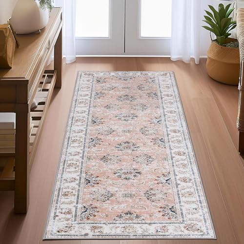 TOPICK Läufer 60x210cm Floral Rosa Waschbar Superdünne Vintage Blumen Kurzflor Lang für Küche Schlafzimmer Wohnzimmer Teppichläufer Antirutschunterlage Zusammenklappbar von TOPICK