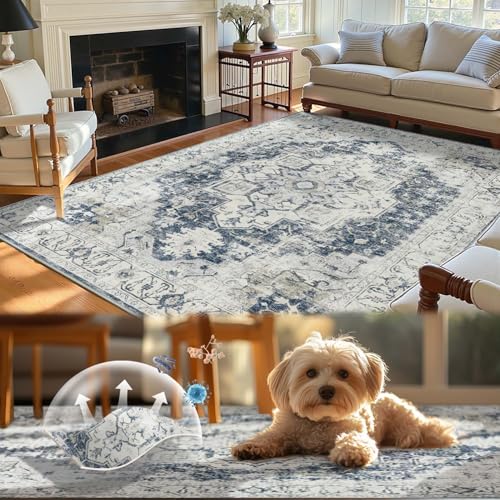 TOPICK Teppich 140x200cm Wohnzimmer Waschbar Kurzflor Retro Grau Blumen Orientalischer Antibakterieller Faltbar Weich rutschfest Dünn Schlafzimmer Kinderzimmer Wohnzimmer Flur von TOPICK