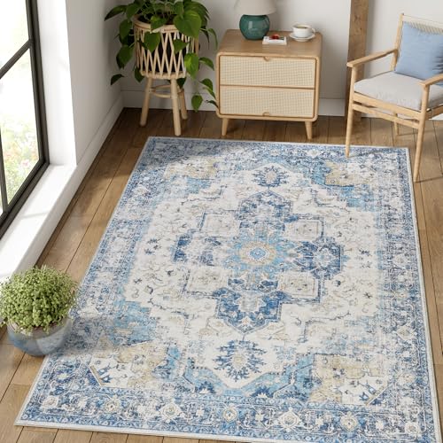 TOPICK Teppich 150x210cm Wohnzimmer Waschbar Kurzflor Retro Blau Blumen Orientalischer Antibakterieller Faltbar Weich rutschfest Dünn Schlafzimmer Kinderzimmer Wohnzimmer Flur von TOPICK