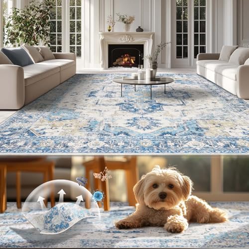 TOPICK Teppich 240x300cm Wohnzimmer Waschbar Kurzflor Retro Blau Blumen Orientalischer Antibakterieller Faltbar Weich rutschfest Dünn Schlafzimmer Kinderzimmer Wohnzimmer Flur von TOPICK