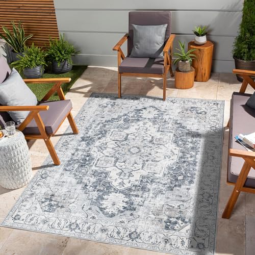 TOPICK Teppich 240x300cm Wohnzimmer Waschbar Kurzflor Retro Grau Blumen Orientalischer Antibakterieller Faltbar Weich rutschfest Dünn Schlafzimmer Kinderzimmer Wohnzimmer Flur von TOPICK