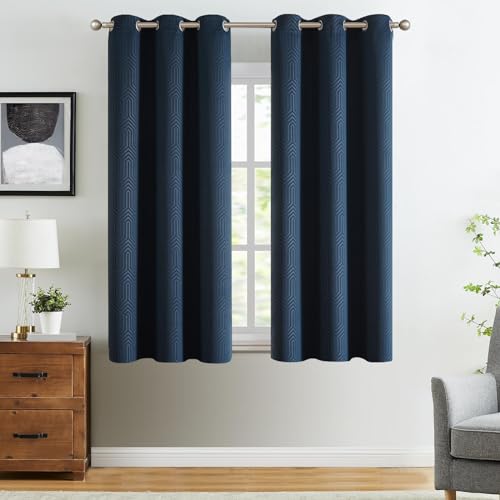 TOPICK Thermovorhang mit ösen, Verdunkelungsvorhänge Geometrisch Gemustert Vorhänge Blickdicht für Schlafzimmer Wohnzimmer, 2er Set Blackout Gardinen Fenstervorhänge 140 * 145CM Blau von TOPICK