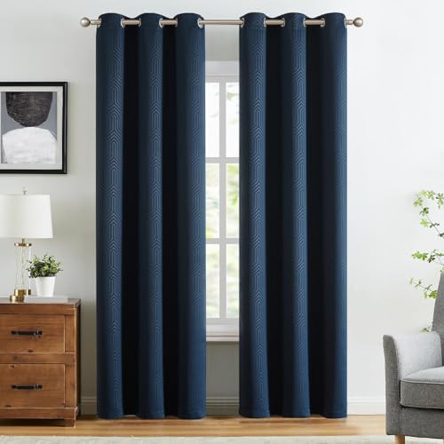 TOPICK Thermovorhang mit ösen, Verdunkelungsvorhänge Geometrisch Gemustert Vorhänge Blickdicht für Schlafzimmer Wohnzimmer, 2er Set Blackout Gardinen Fenstervorhänge 140 * 225CM Blau von TOPICK