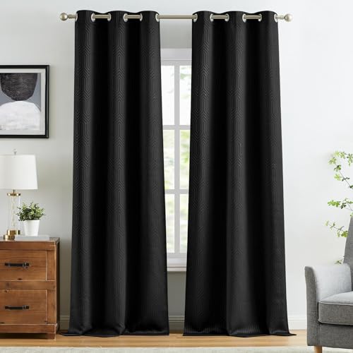 TOPICK Thermovorhang mit ösen, 2er Set 245H x 140B cm Verdunkelungsvorhänge Geometrisch Gemustert Vorhänge Blickdicht für Schlafzimmer Wohnzimmer, Blackout Gardinen Fenstervorhänge Schwarz von TOPICK
