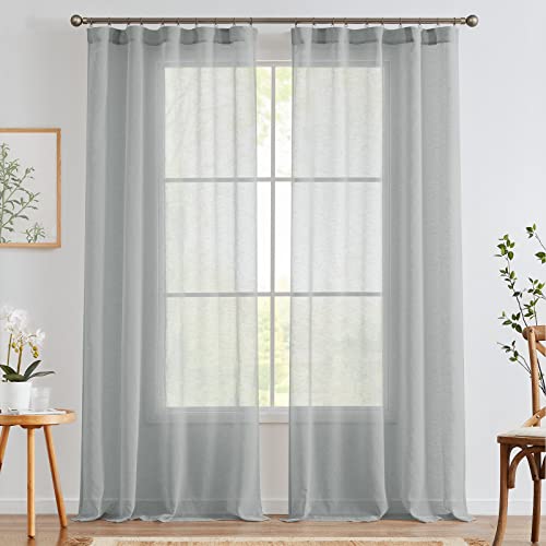 TOPICK Leinen Gardinen mit Kräuselband, Halbtransparent Leinenstruktur Vorhänge, Sheer Voile Vorhang Modern für Schlafzimmer Wohnzimmer, Lichtfilternde Fensterdekorationen, 2er Set 140x225CM Grau von TOPICK