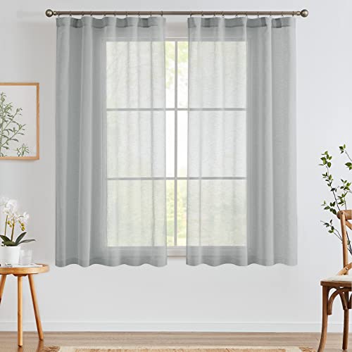 TOPICK Leinen Gardinen mit Kräuselband, Halbtransparent Leinenstruktur Vorhänge, Sheer Voile Vorhang Modern für Schlafzimmer Wohnzimmer, Lichtfilternde Fensterdekorationen, 2er Set 140x145CM Grau von TOPICK