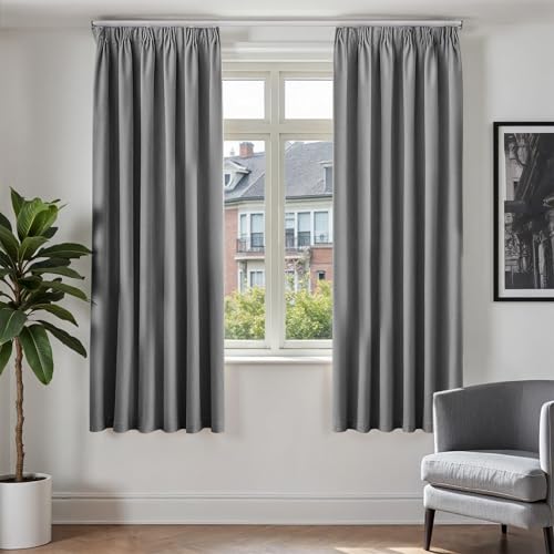 TOPICK Verdunklungsvorhänge Gardinen mit Kräuselband 100% Blickdicht, H175xB140 cm Vorhänge Wohnzimmer Schlafzimmer Thermovorhang Gardine Leinenoptik Landhausstil Blackout Curtains Grau 2 Stücke von TOPICK