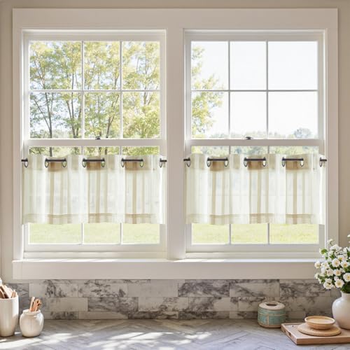TOPICK Voile Bistrogardinen mit Ösen 2er Set H 35 x B 130 (cm) Sheer Streifen Scheibengardine Gestreift Küchenvorhang Kurzstore Transparent Klein Fenster Küche Wohnzimmer Landhaus Kurzgardine Beige TOPICK Voile Bistrogardinen mit Ösen 2er Set H 35 x B 130 (cm) Sheer Streifen Scheibengardine Gestreift Küchenvorhang Kurzstore Transparent Klein Fenster Küche Wohnzimmer Landhaus Kurzgardine Beige von TOPICK