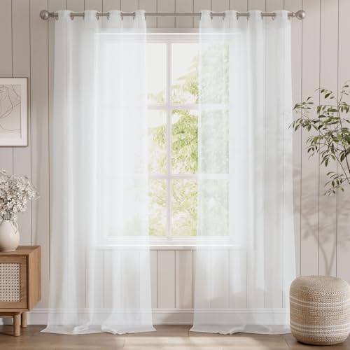 TOPICK Weiß Stores Gardinen mit Ösen Extra Lange Gardinen für Küche Wohnzimmer Schlafzimmer Fenster Vorhänge Transparent Durchsichtig Voile Landhausstil Modern 2er Set 260H x 140B (cm) von TOPICK
