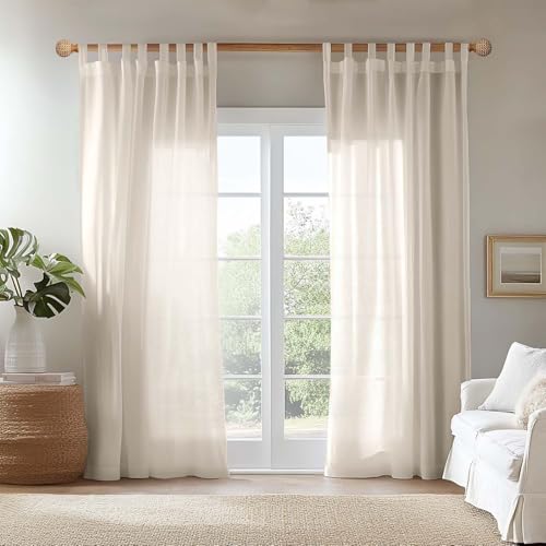 TOPICK Greige Leinenoptik Stores Gardinen mit Schlaufen Kurz Gardinen für Küche Wohnzimmer Schlafzimmer Fenster Vorhänge Transparent Durchsichtig Voile Landhausstil Modern 2er Set 225H x 140B (cm) von TOPICK