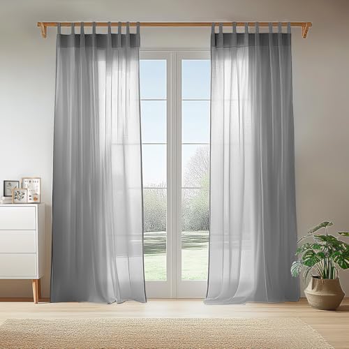 TOPICK Einfarbig Gardinen für Wohnzimmer Schlafzimmer Fenster Grau Gardinen mit Schlaufen Transparent Durchsichtig Stores Landhausstil Modern Fenstergardinen 2er Set 245H x 140B (cm) von TOPICK