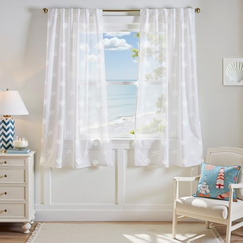 TOPICK Voile Sheer Gardinen Weiß Küstenstil Vorhänge Für Wohnzimmer Kinderzimmer Fenster Transparent Maritimer Stil Fenstergardinen Gardinenschals Mit Verdeckten Schlaufen 2er Set 140Bx175H cm von TOPICK