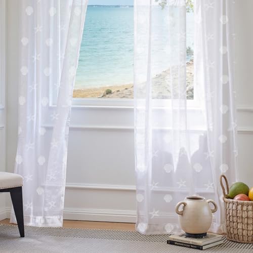 TOPICK Vorhänge Wohnzimmer Gardinenschals 2er Set Curtains Living Room Gardinen Seestern Weiß H210XB140 cm, Gardine für Stangendurchzug Vorhänge transparent Fenstervorhänge Übergardinen modern von TOPICK