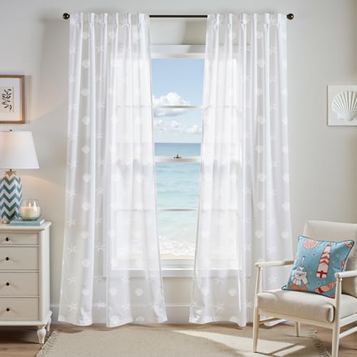 TOPICK Voile Sheer Gardinen Weiß Küstenstil Vorhänge Für Wohnzimmer Kinderzimmer Fenster Transparent Maritimer Stil Fenstergardinen Gardinenschals Mit Verdeckten Schlaufen 2er Set 140Bx225H cm von TOPICK