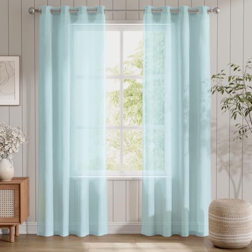 TOPICK Gardinen mit Ösen Vorhänge Wohnzimmer Gardinenschals Schlafzimmer Curtains Living Room H245XB140 cm, Vorhang transparent Leinenoptik Übergardinen Gardinen Himmelblau Ösenschal 2er Set von TOPICK