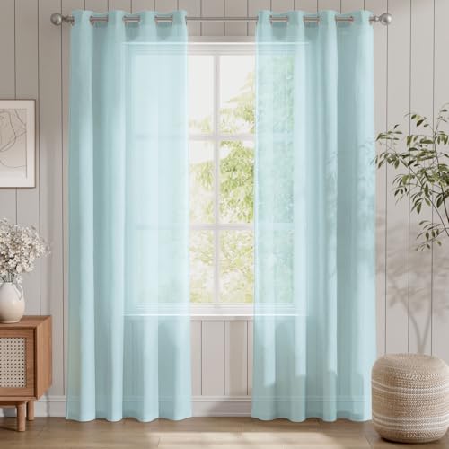 TOPICK Sheer Vorhang Mit Ösen Sheer Vorhänge Voile Halb Transparent Gardine Gaze Paarig Schals Fensterschal Vorhänge Dekoration für Schlafzimmer Wohnzimmer Hellblau 245Hx140B(cm) 2 Stücke von TOPICK