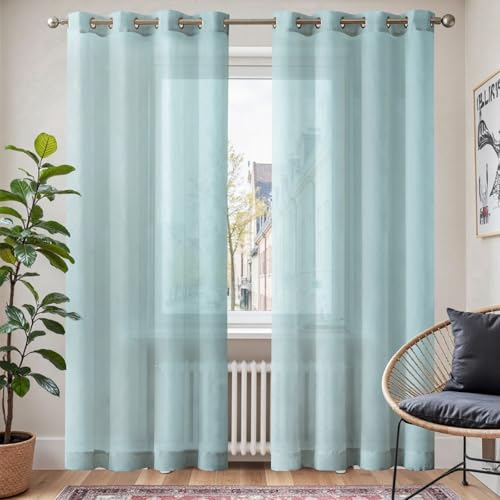TOPICK Voile Vorhang Mit Ösen Transparent Gardine Gaze Paarig Ösenschals für Wohnzimmer Schlafzimmer 225 cm x 140 cm(HxB) 2er - Set Hell Blau von TOPICK