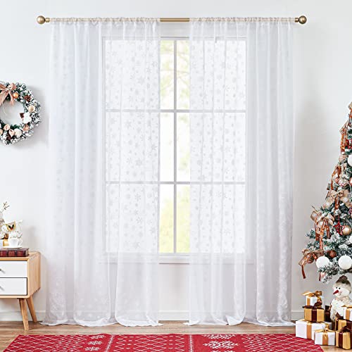 TOPICK Vorhänge Wohnzimmer Gardinenschals 2er Set Curtains Living Room Gardinen Schneeflocken Weiß H210XB140 cm, Gardine für Stangendurchzug Vorhänge transparent Fenstervorhänge Übergardinen modern von TOPICK