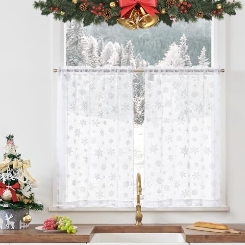 TOPICK Scheibengardinen Küche Weiß Bistrogardine 2er Set Küchengardinen kurz H60xB65 cm Küchenvorhänge Gardine Küchenfenster Weihnachtsgardinen Scheibengardinen Weihnachten von TOPICK