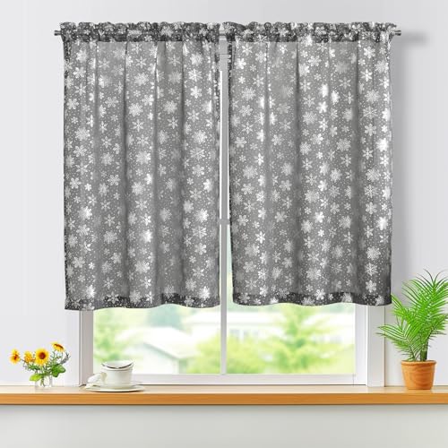 TOPICK Winter Sheer Scheibengardinen mit Tunnelzug Schneeflocke Muster Bistrogadine Voile Licht-Filterung Küchenvorhang für Schlafzimmer Kinderzimmer 90x60cm (BxH) 2er Set Grau von TOPICK