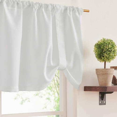 TOPICK Weiß 1 Schal 45Hx132B cm Tunnelzug Scheibengardine mit Raffbändern für Badezimmer Küche Klein Fenster Leinenoptik Halbtransparent Bistrogardine mit Tunnelzug von TOPICK