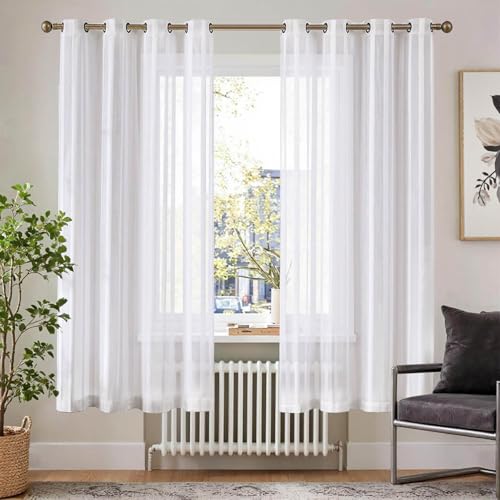TOPICK Weiß Gardinen H 175 x B 140 (cm) Streifen Vorhänge mit Ösen Stores für Wohnzimmer Schlafzimmer Fenster Voile Gestreifte Durchscheinend Modern Stores Transparent Sheer Fenstergardinen von TOPICK