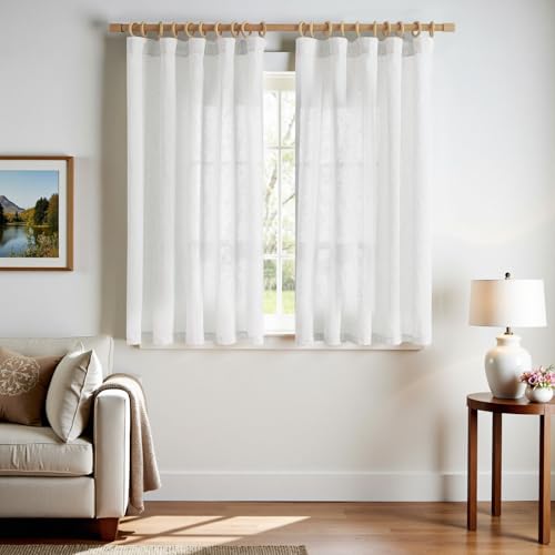 TOPICK Weiß Gardinen mit Kräuselband Leinen Vorhänge für Wohnzimmer Schlafzimmer Stores Halbtransparent Vorhange für Schienensystem Landhausstil Gardinen mit Verdeckten Schlaufen 2er Set 140Bx145H cm von TOPICK
