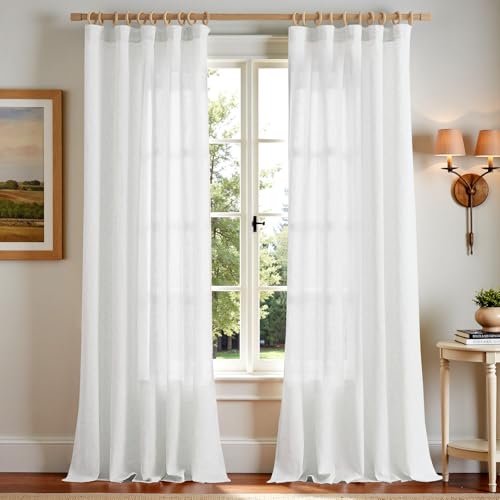 TOPICK Weiß Gardinen mit Kräuselband Leinen Vorhänge für Wohnzimmer Schlafzimmer Stores Halbtransparent Vorhange für Schienensystem Landhausstil Gardinen mit Verdeckten Schlaufen 2er Set 140Bx245H cm von TOPICK