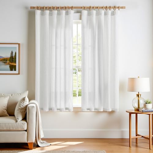 TOPICK Weiß Gardinen mit Kräuselband Leinen Vorhänge für Wohnzimmer Schlafzimmer Stores Halbtransparent Vorhange für Schienensystem Landhausstil Gardinen mit Verdeckten Schlaufen 2er Set 140Bx175H cm von TOPICK