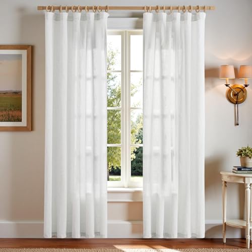 TOPICK Weiß Gardinen mit Kräuselband Leinen Vorhänge für Wohnzimmer Schlafzimmer Stores Halbtransparent Vorhange für Schienensystem Landhausstil Gardinen mit Verdeckten Schlaufen 2er Set 140Bx225H cm von TOPICK