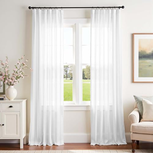 TOPICK Weiß Gardinen 2er Set H 245 x B 140 (cm) mit Kräuselband Streifen Vorhänge Stores für Wohnzimmer Fenster Voile Gestreifte Durchscheinend Sheer Vorhang mit Verdeckten Schlaufen von TOPICK