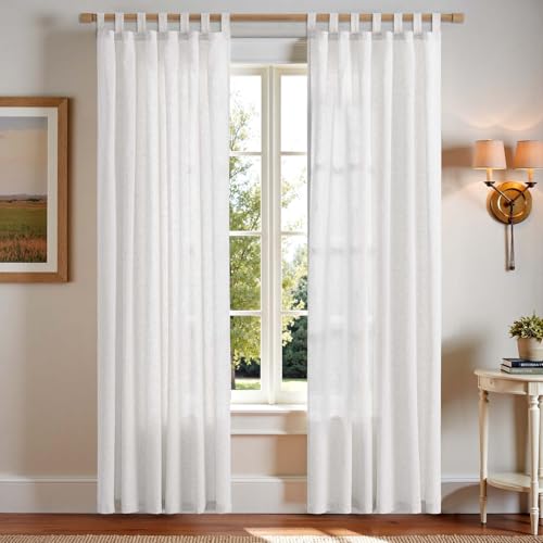 TOPICK Weiß Gardinen mit Schlaufen Leinen Vorhänge für Wohnzimmer Schlafzimmer Stores Fenster Halbtransparent Lichtfilterung Vorhang Bauernhaus Landhausstil Gardine küche 2er Set 140Bx210H (cm) von TOPICK