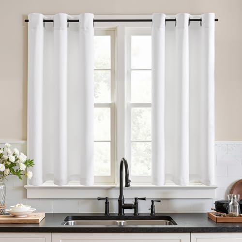 TOPICK Weiß Küche Scheibengardinen 2er Set 115H x 90B Blickdicht Bistrogardine für Wohnzimmer Schlafzimmer Verdunkelnd Küchengardinen mit Ösen Landhausstil modern Gardinen Kurz Abdunkelnd von TOPICK