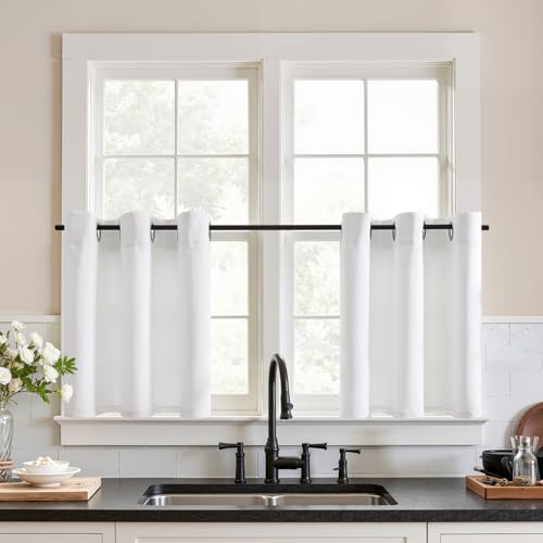 TOPICK Scheibengardinen modern Bistrogardine Wohnzimmer Schlafzimmer, H60xB90 cm Küchenvorhang Küche Gardine Thermovorhang Küchengardinen Blackout Curtains Küchenvorhänge Landhausstil 2er Set Weiß von TOPICK