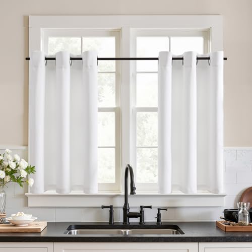 TOPICK Weiß Küche Scheibengardinen 2er Set 90H x 90B Blickdicht Bistrogardine für Wohnzimmer Schlafzimmer Verdunkelnd Küchengardinen mit Ösen Landhausstil modern Gardinen Kurz Abdunkelnd von TOPICK
