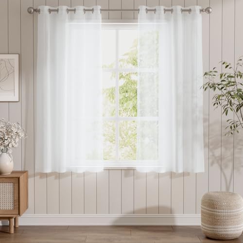 TOPICK Voile Mit Ösen Gardine Vorhang Voile Kurz Sheer Vorhänge Transparent Gaze Paarig Ösenschals für Wohnzimmer Schlafzimmer Küche 145 cm x 140 cm(HxB) 2er - Set Weiß von TOPICK