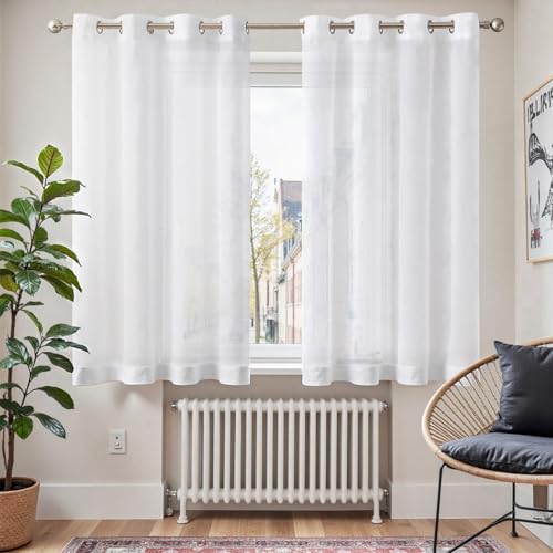 TOPICK Voile Mit Ösen Gardine Vorhang Voile Kurz Sheer Vorhänge Transparent Gaze Paarig Ösenschals für Wohnzimmer Schlafzimmer Küche 145 cm x 140 cm(HxB) 2er - Set Weiß von TOPICK