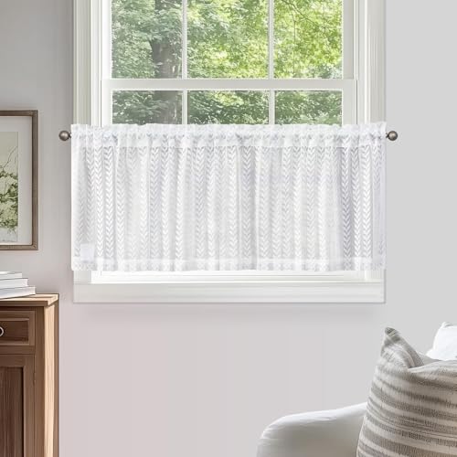 TOPICK 1 Schal H 40 x B 135 (cm) Weiß Scheibengardine für Küche Klein Fenster Badezimmer Halbtransparent Bistrogardine mit Tunnelzug Landhausstil Gardine Kurz mit Gesticktem Vertikalem Blattmuster von TOPICK