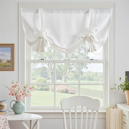 Topick Weiß Scheibengardine mit Knotenvorhang Landhausstil Landhaus Kurz Halbtransparente Leinenoptik Gardine Gaze Schals Lichtfilterung für Kleine Fenster Schrank Wohnmobil 1er Set 107B x 137H cm von TOPICK