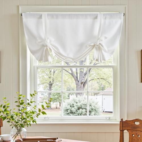 TOPICK Weiß 1er Set 114H x 107B cm Scheibengardine mit Knotenvorhang Modern Landhausstil Kurz Blickdicht Leinenoptik Gardine Lichtfilterung für Kleine Fenster Wohnmobil von TOPICK