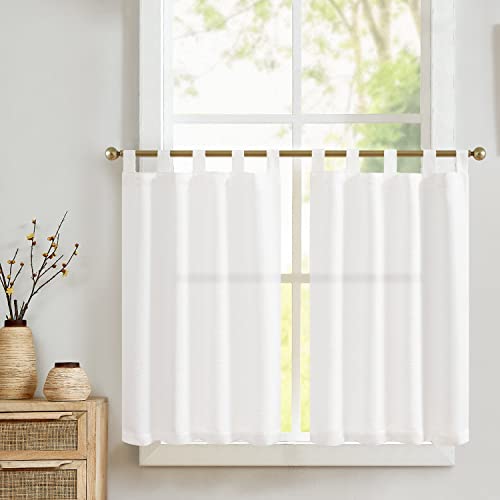 TOPICK Scheibengardinen Küche Weiß Bistrogardine mit Schlaufen Modern Gardinen Kurz Halbtransparente Leinenoptik Küchengardinen für Kleine Fenster Wohnmobil Küchenfenster 2er Set 70Bx90H cm von TOPICK