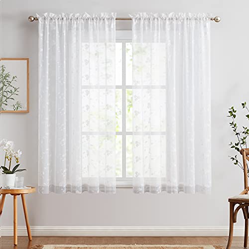 TOPICK Weiß Sheer Vorhänge 2er H 145 x B 140 (cm) Set für Wohnzimmer Bestickte Voile Fenster Vorhänge mit Floral Design Halbtransparente Gardinen für Schlafzimmer Fenster von TOPICK