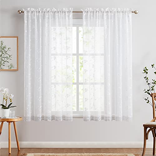 TOPICK Weiß Sheer Vorhänge für Wohnzimmer Bestickte Voile Fenster Vorhänge mit Floral Design Halbtransparente Gardinen für Schlafzimmer Fenster 175 x 140 cm (H x B) 2er Set von TOPICK